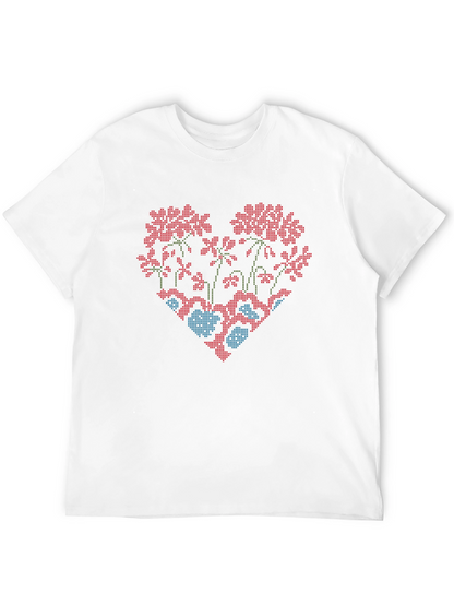 Floral Heart Cross-Stitch Design Black T-Shirt