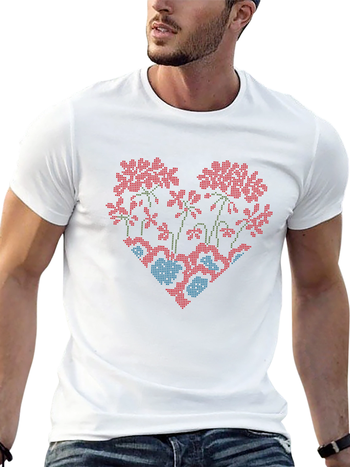Floral Heart Cross-Stitch Design Black T-Shirt