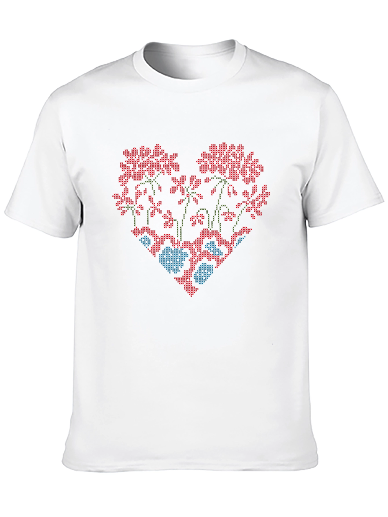 Floral Heart Cross-Stitch Design Black T-Shirt