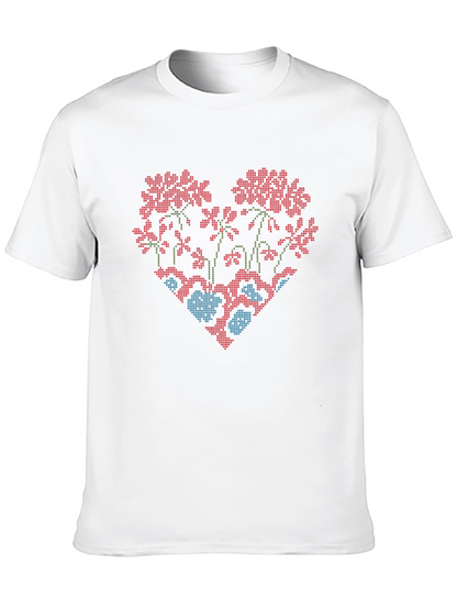 Floral Heart Cross-Stitch Design Black T-Shirt