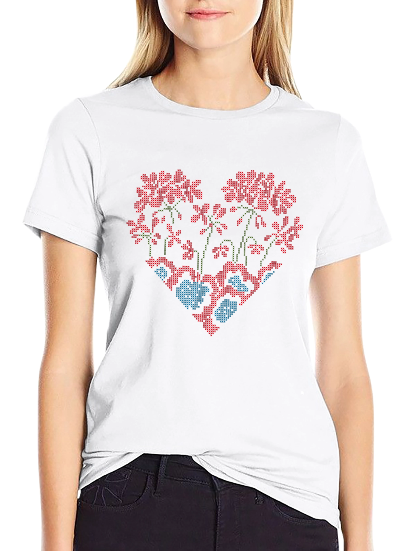 Floral Heart Cross-Stitch Design Black T-Shirt