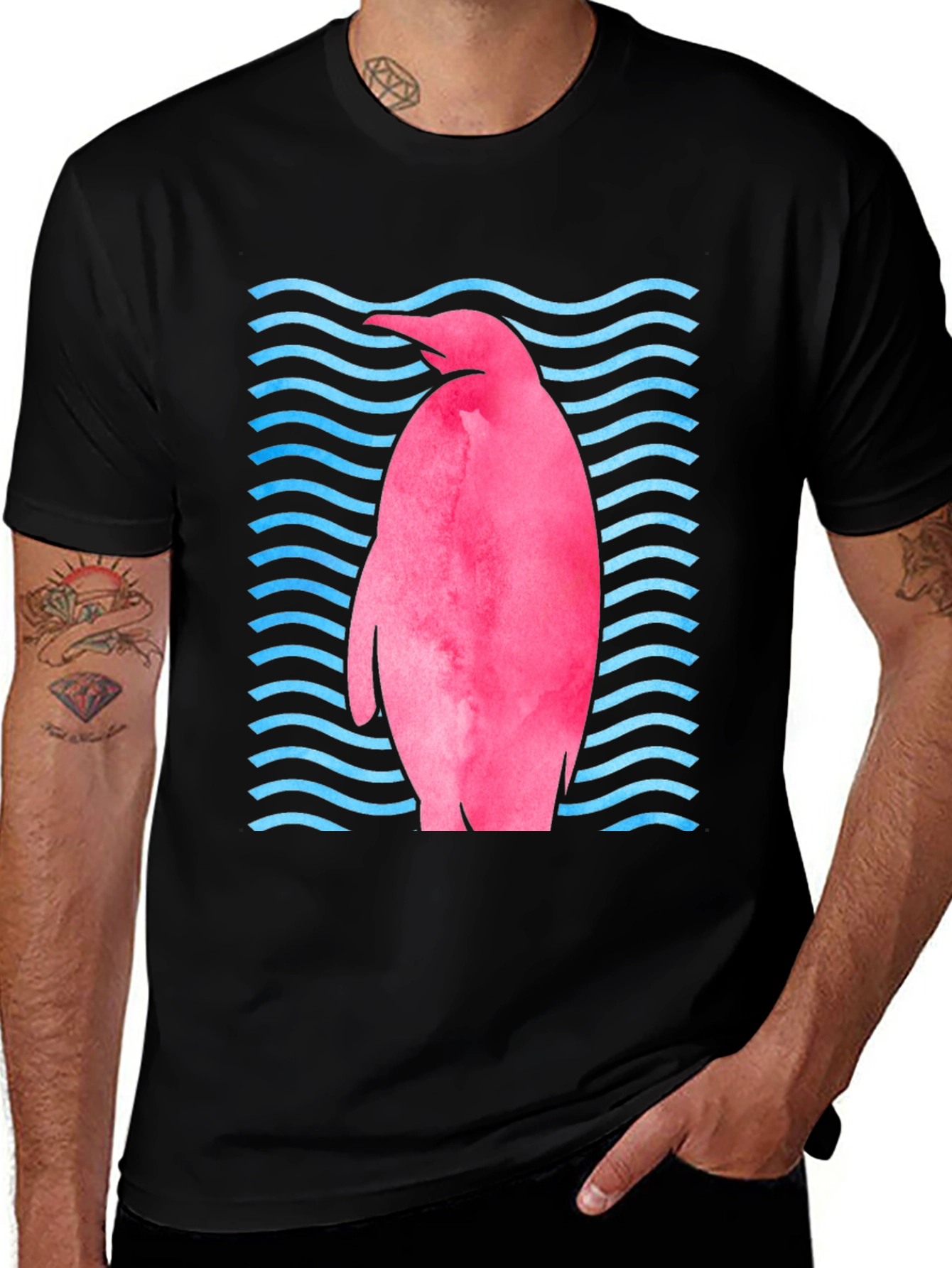 Pink Penguin Wave T-Shirt - Unique Graphic Tee