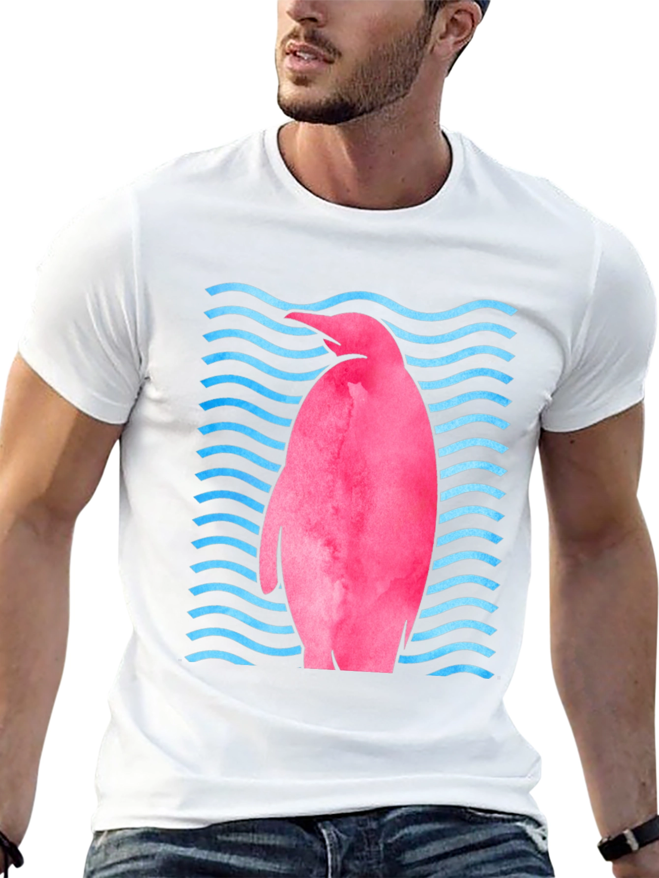 Pink Penguin Wave T-Shirt - Unique Graphic Tee