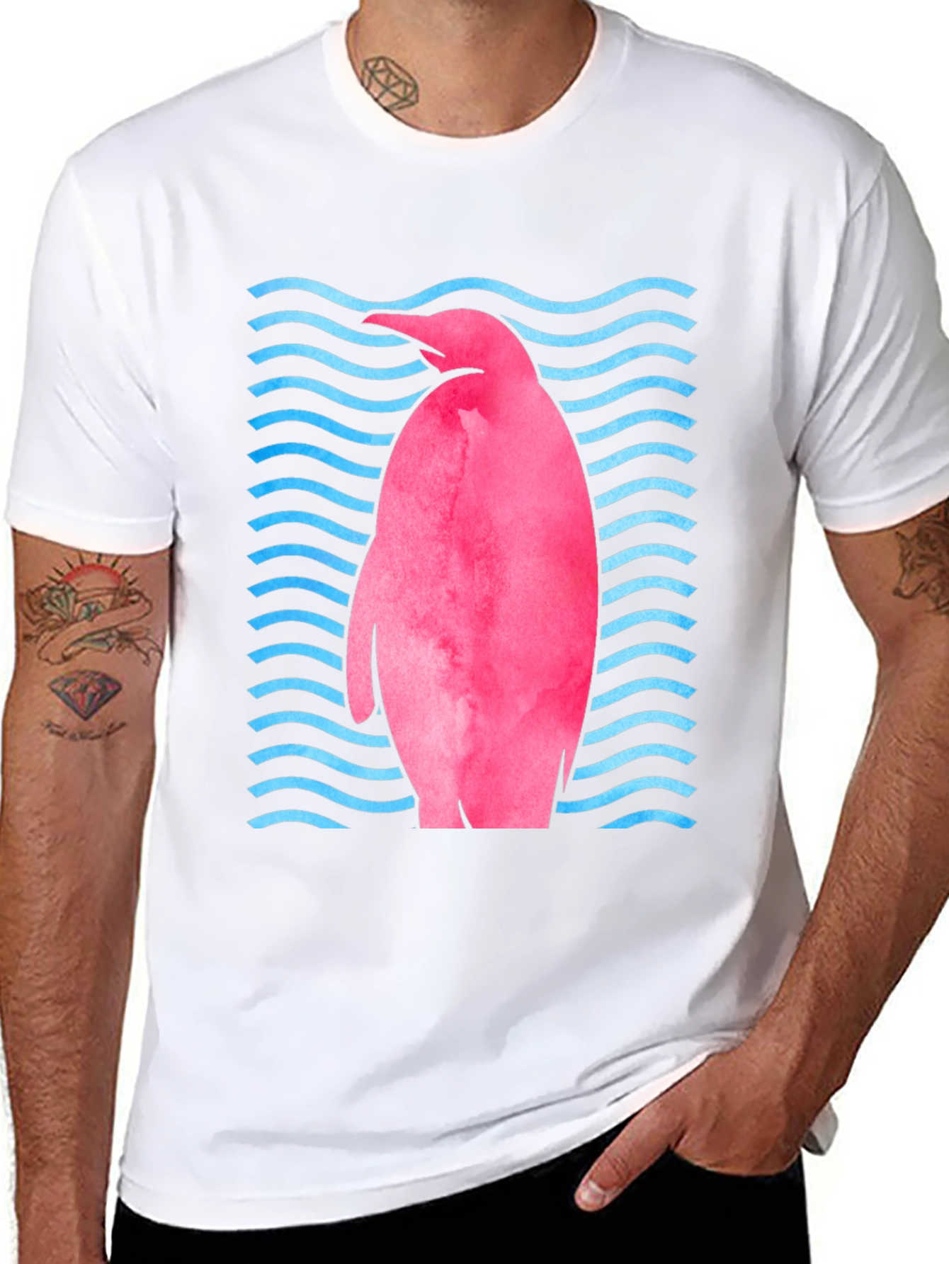 Pink Penguin Wave T-Shirt - Unique Graphic Tee