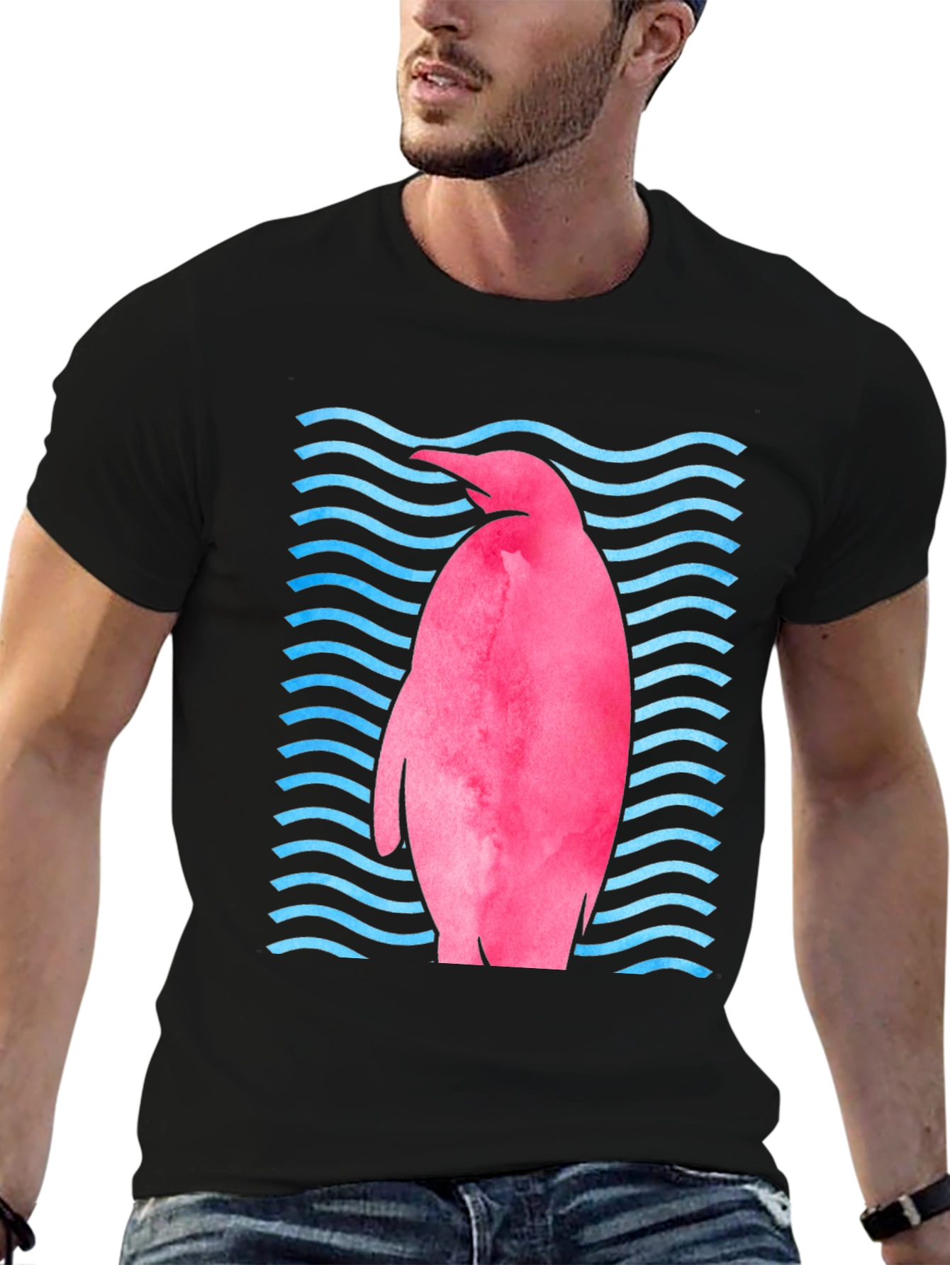 Pink Penguin Wave T-Shirt - Unique Graphic Tee