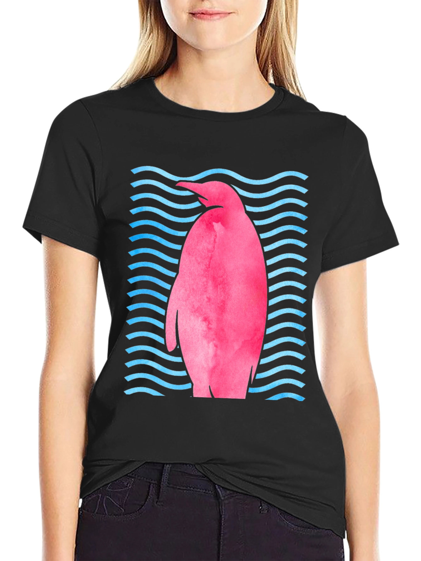 Pink Penguin Wave T-Shirt - Unique Graphic Tee