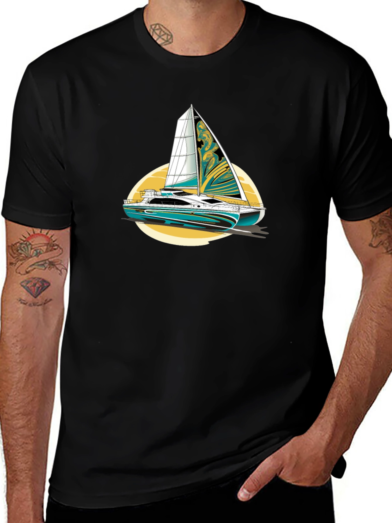Sailing Yacht Graphic T-Shirt Black Cotton Tee