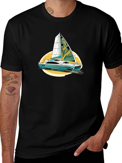 Sailing Yacht Graphic T-Shirt Black Cotton Tee