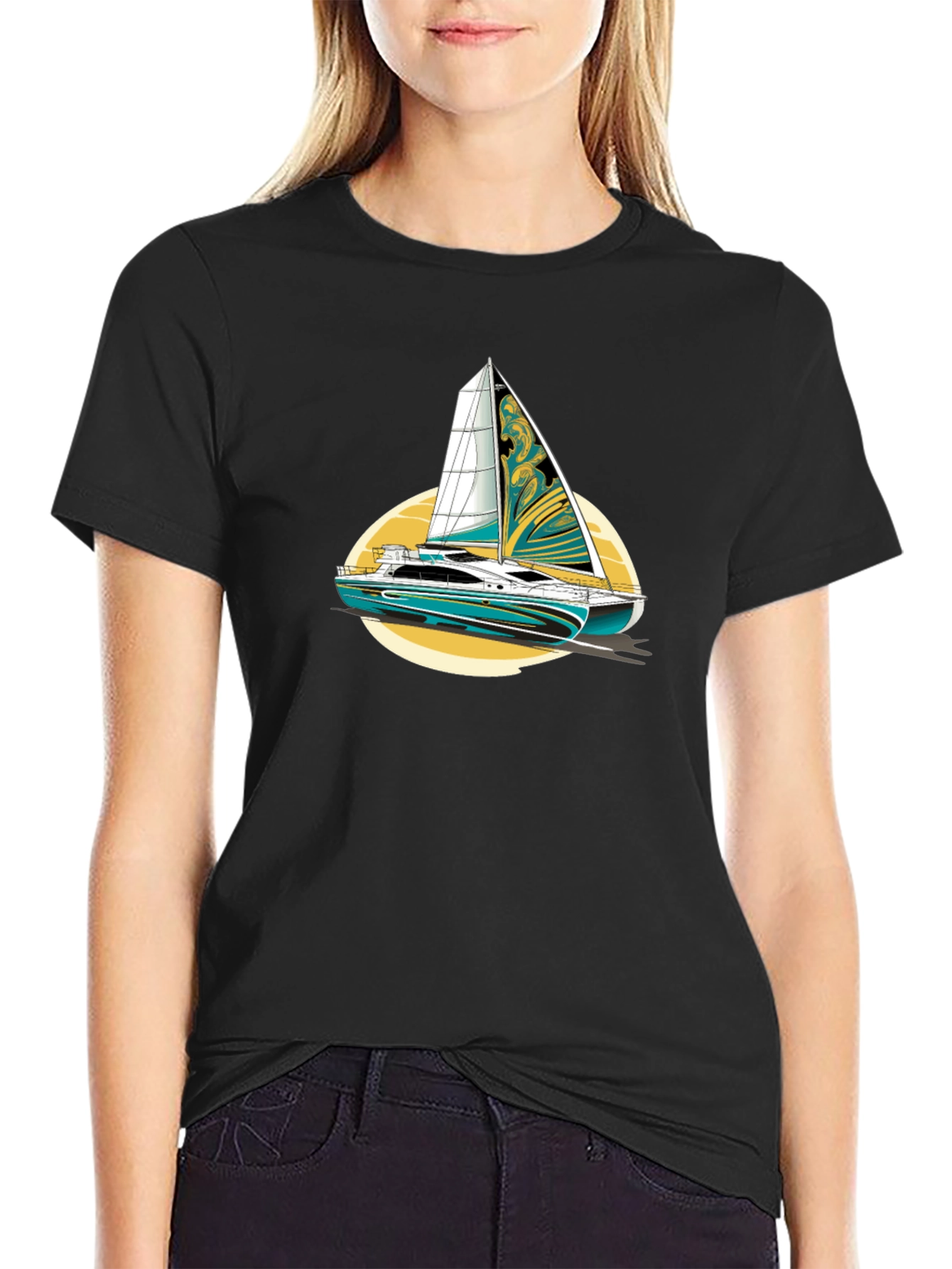 Sailing Yacht Graphic T-Shirt Black Cotton Tee