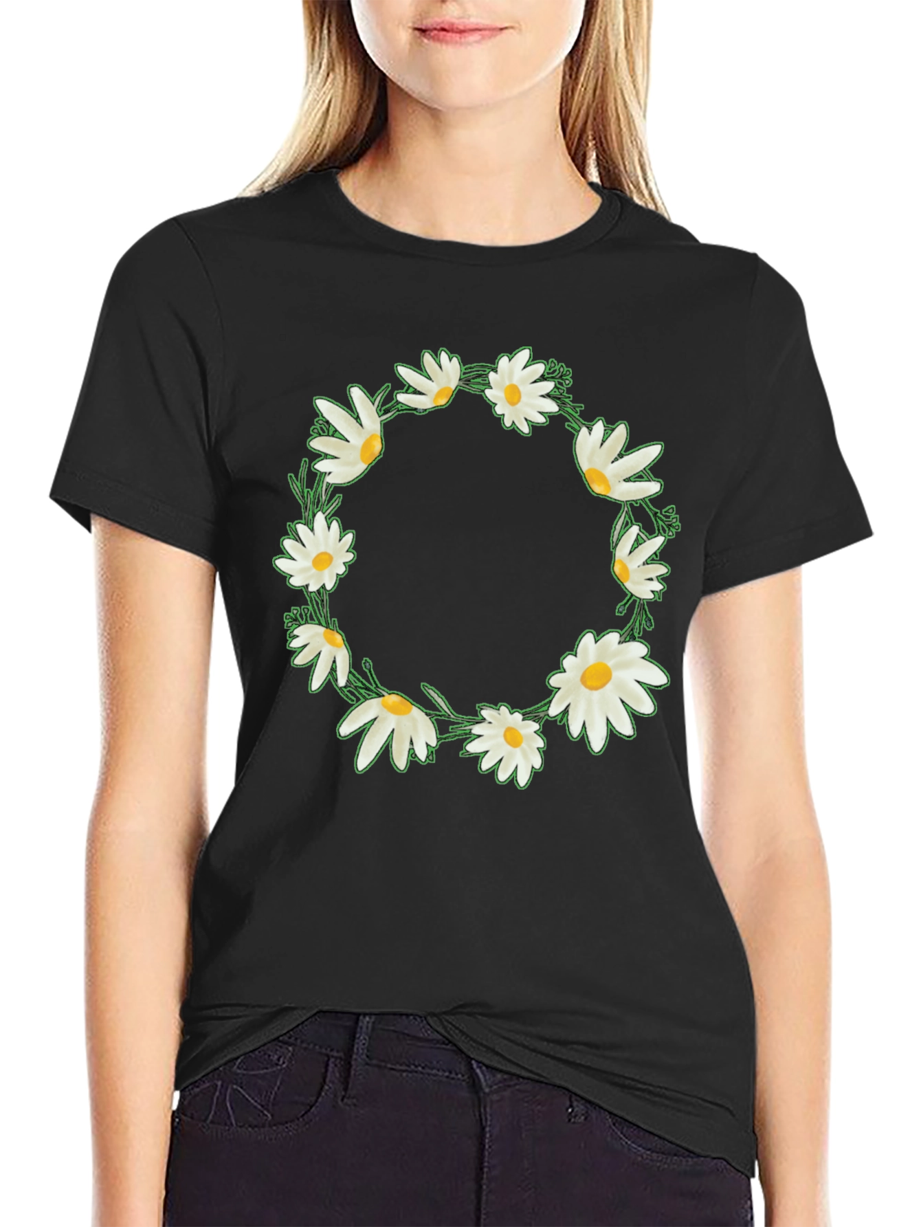 Daisy Wreath Graphic Tee - Black Unisex T-Shirt