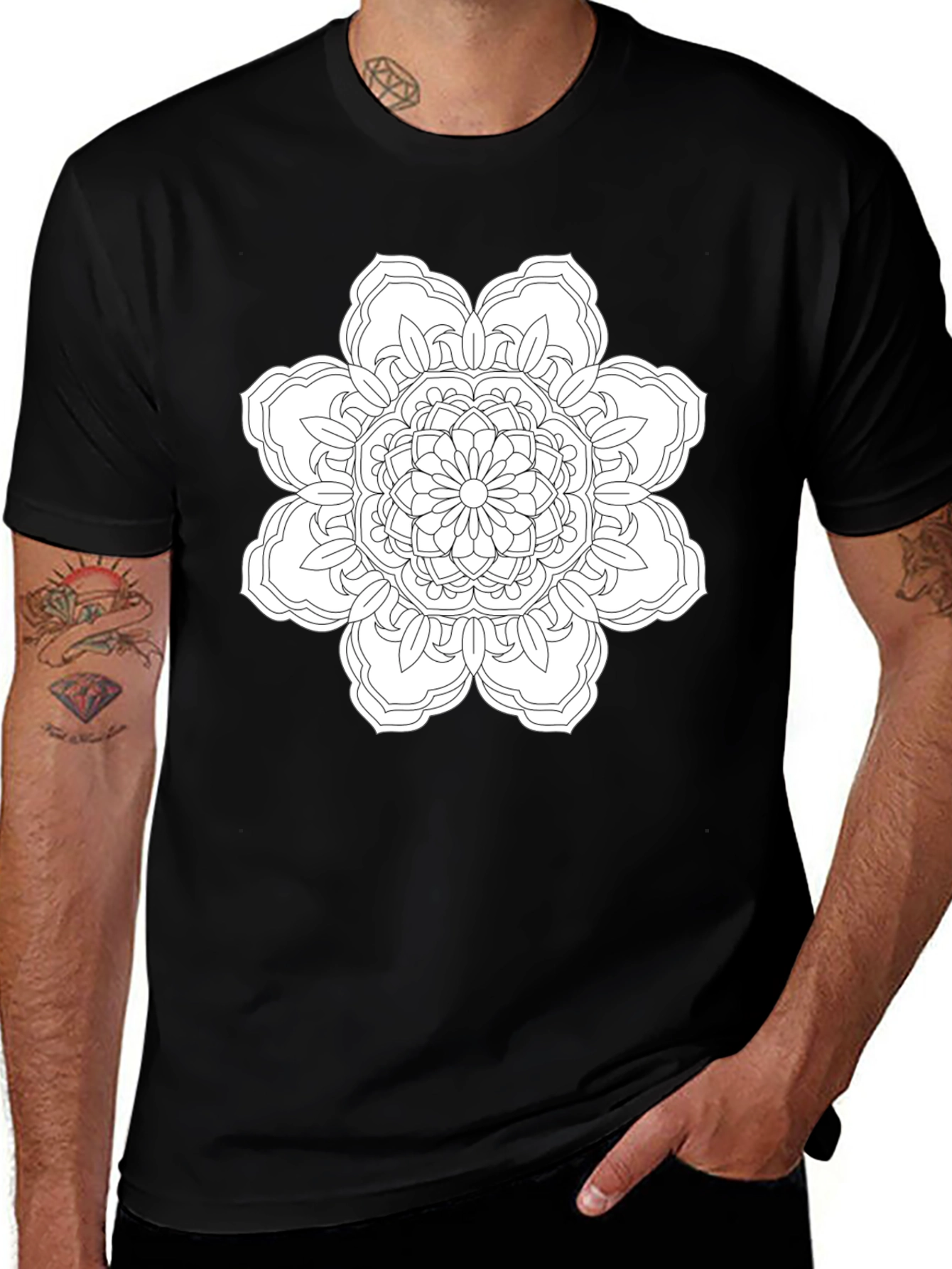 Black T-Shirt with White Floral Mandala Design