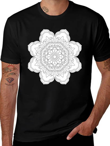 Black T-Shirt with White Floral Mandala Design