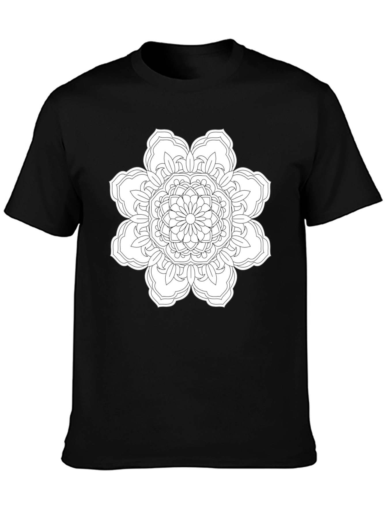 Black T-Shirt with White Floral Mandala Design
