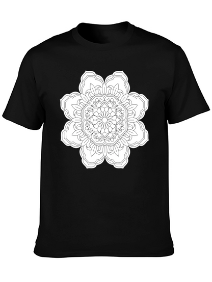 Black T-Shirt with White Floral Mandala Design