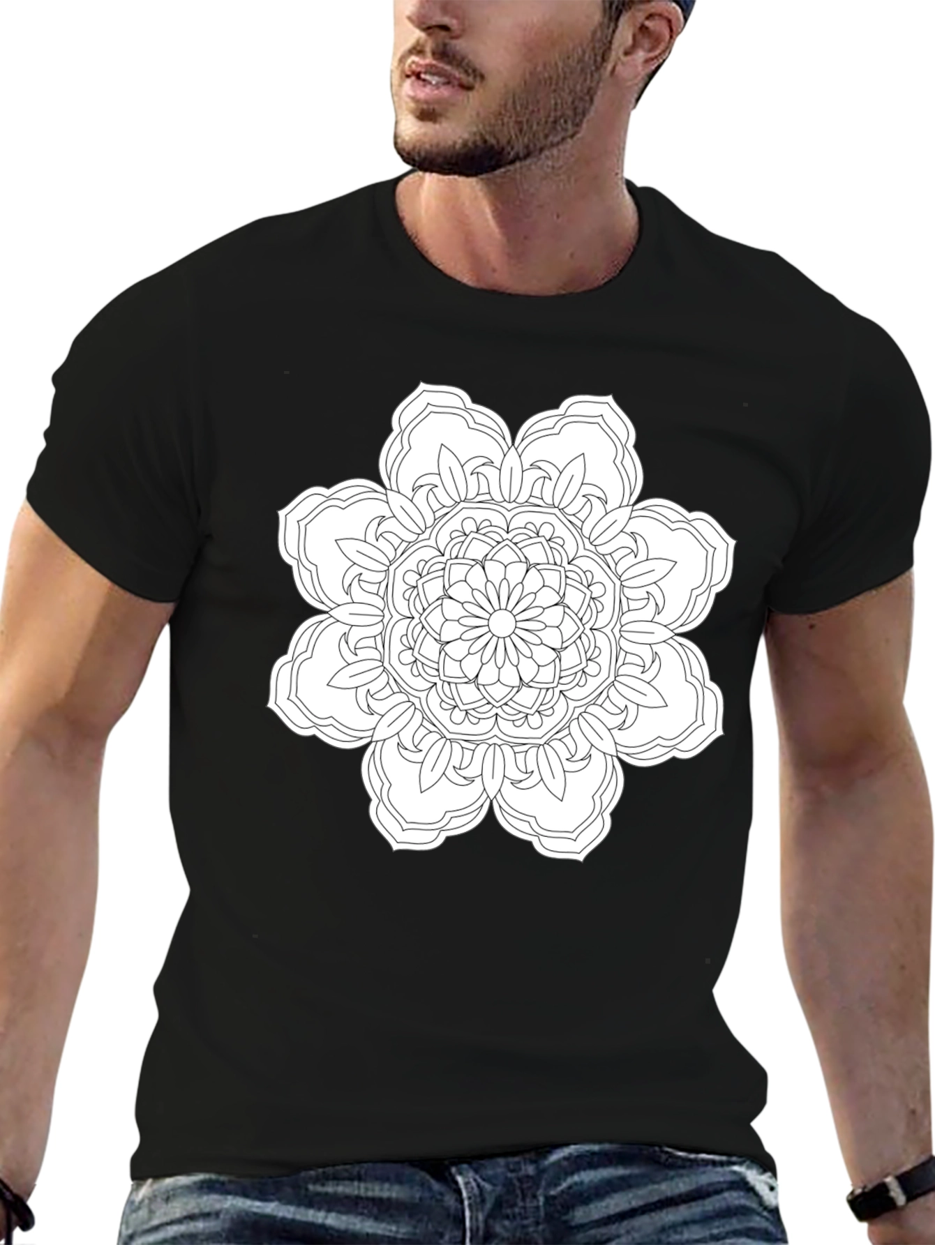 Black T-Shirt with White Floral Mandala Design