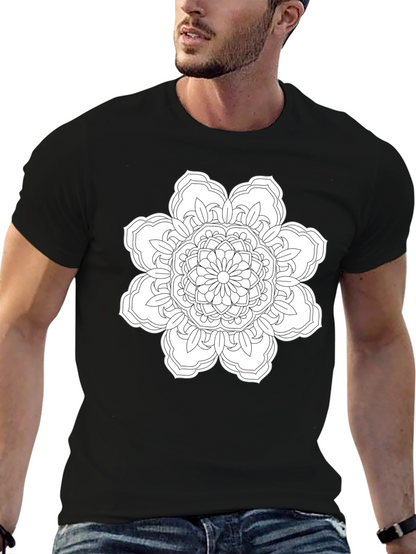 Black T-Shirt with White Floral Mandala Design