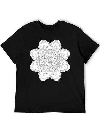 Black T-Shirt with White Floral Mandala Design