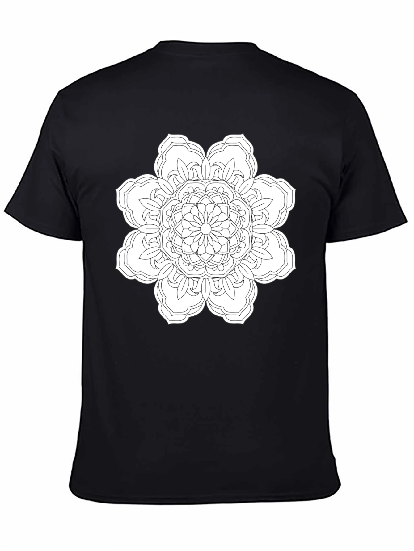 Black T-Shirt with White Floral Mandala Design
