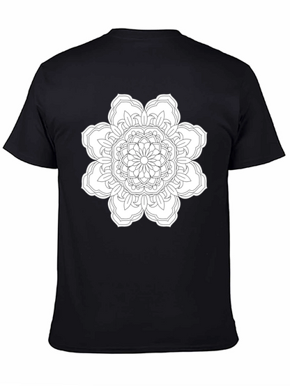 Black T-Shirt with White Floral Mandala Design