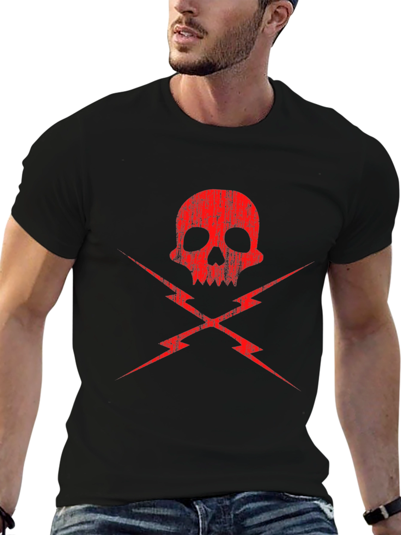 Skull and Lightning Bolt Graphic Tee - Black