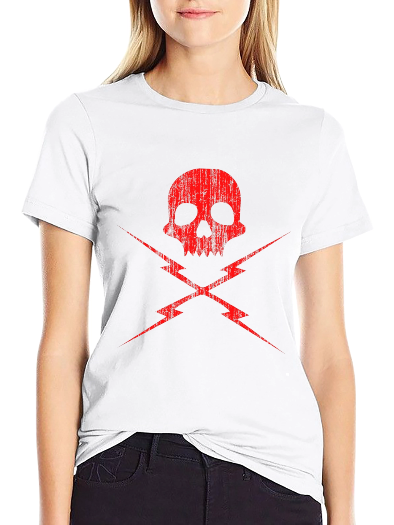 Skull and Lightning Bolt Graphic Tee - Black