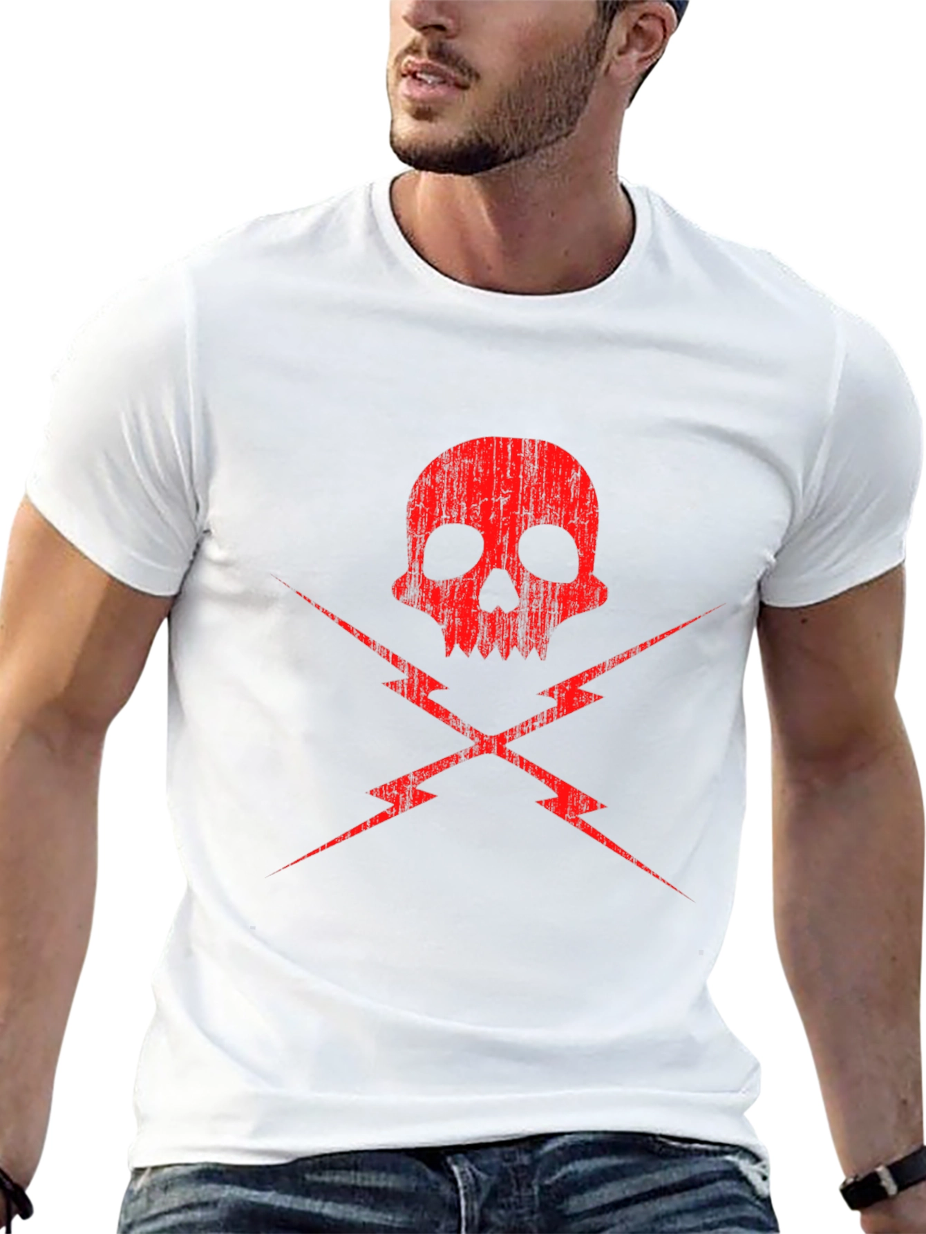 Skull and Lightning Bolt Graphic Tee - Black
