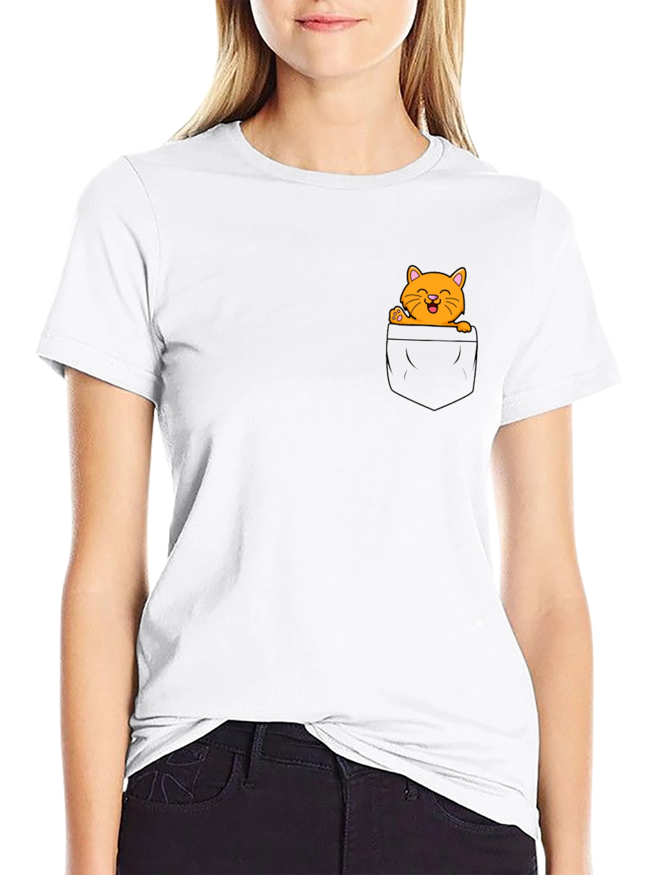 Cute Cat Pocket Graphic T-Shirt