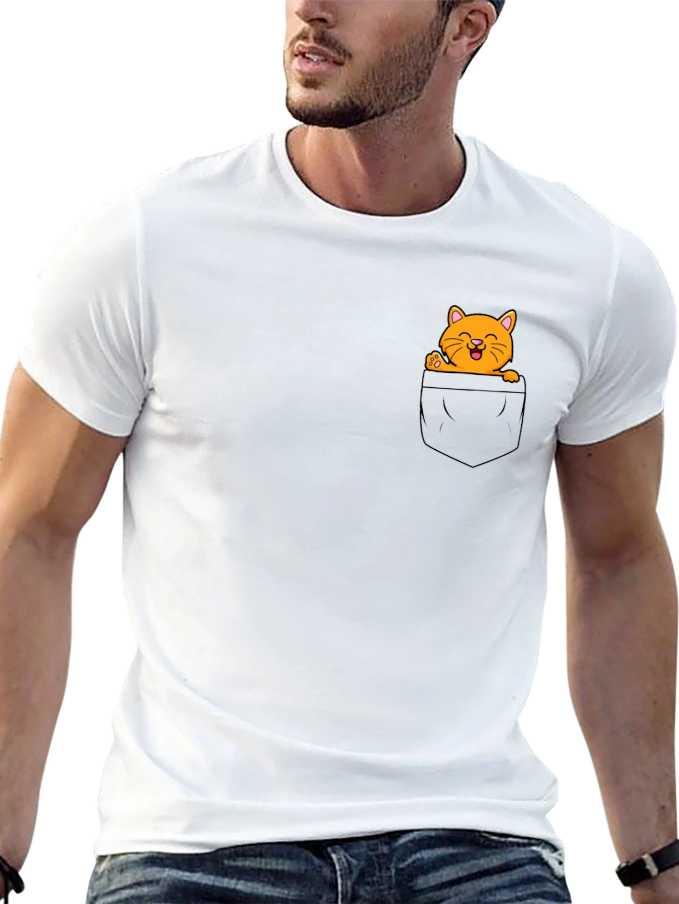 Cute Cat Pocket Graphic T-Shirt