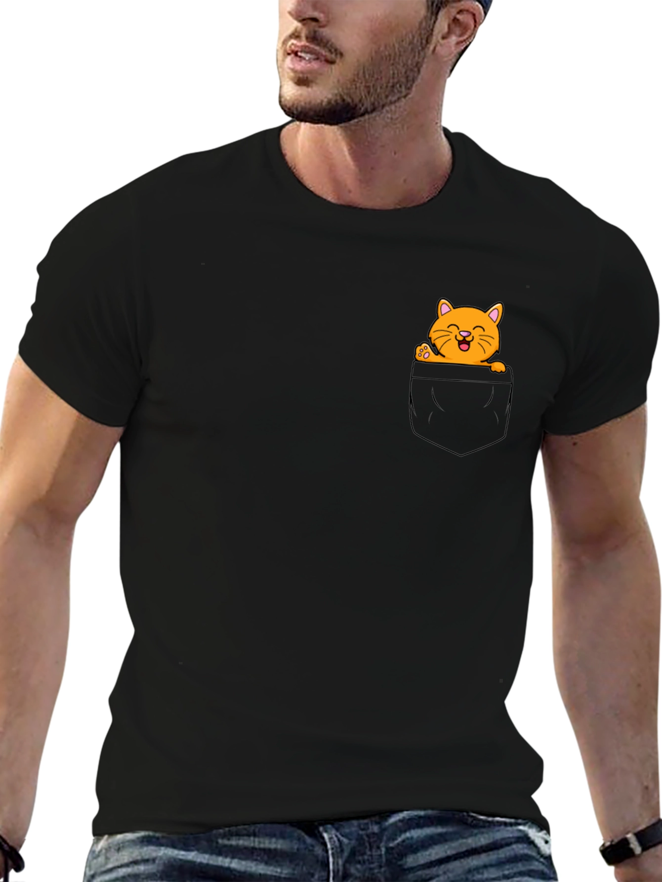 Cute Cat Pocket Graphic T-Shirt