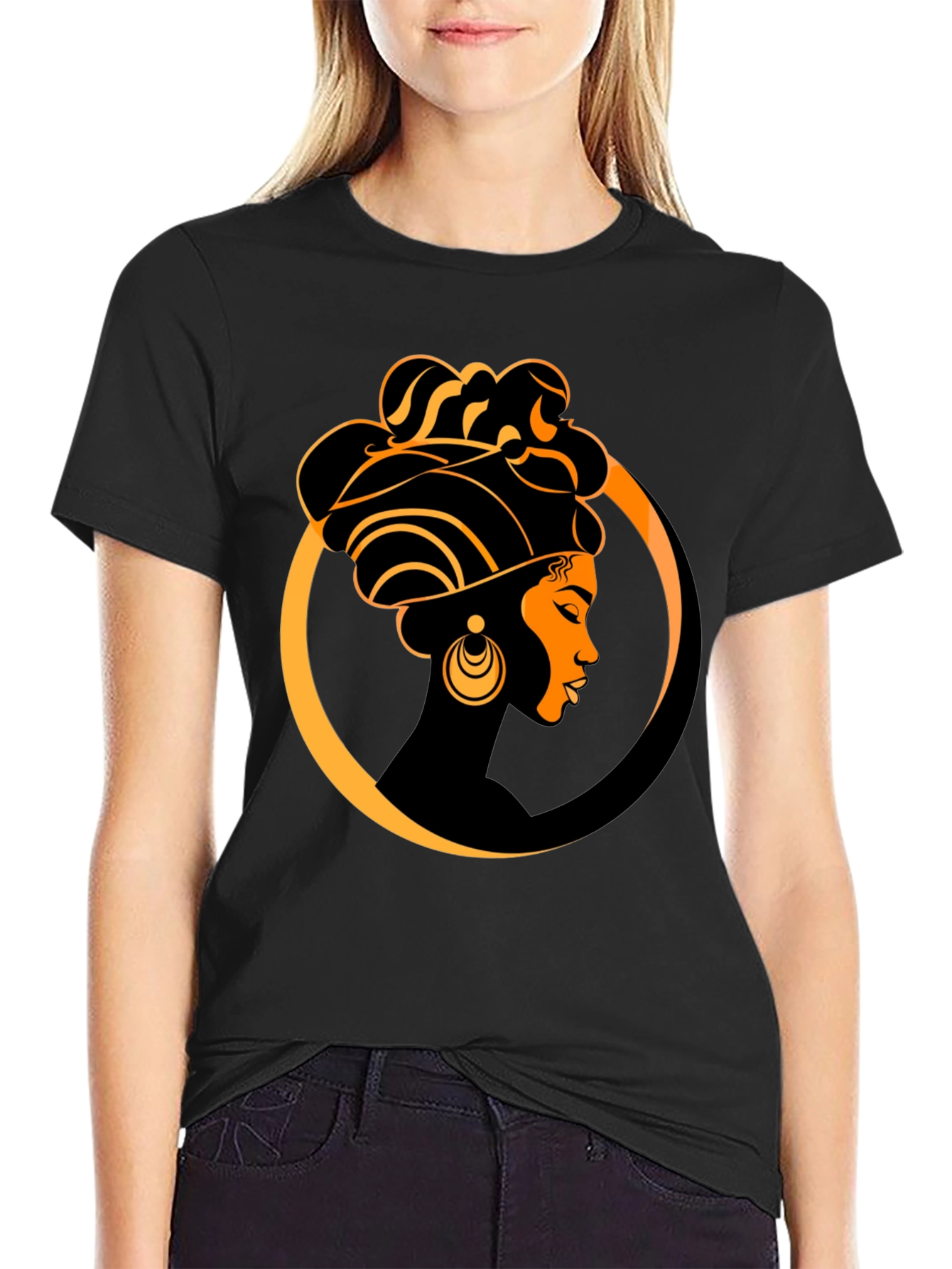Elegant Afro Woman Graphic Tee - Black