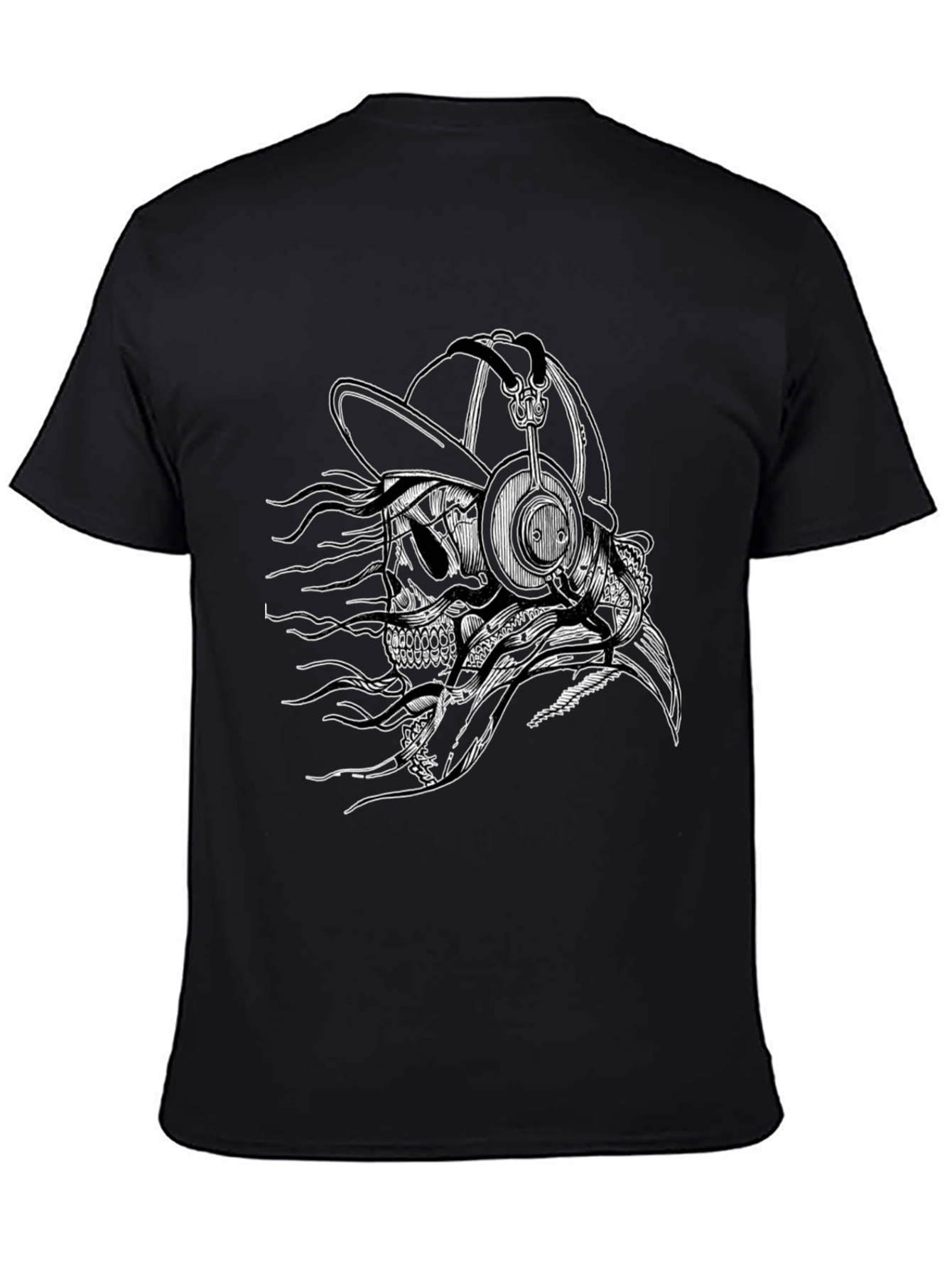 Skull with Headphones Graphic Tee - Black