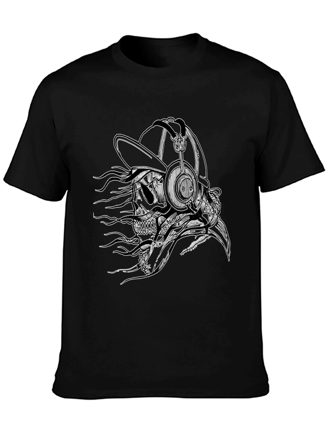 Skull with Headphones Graphic Tee - Black