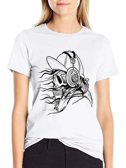 Skull with Headphones Graphic Tee - Black