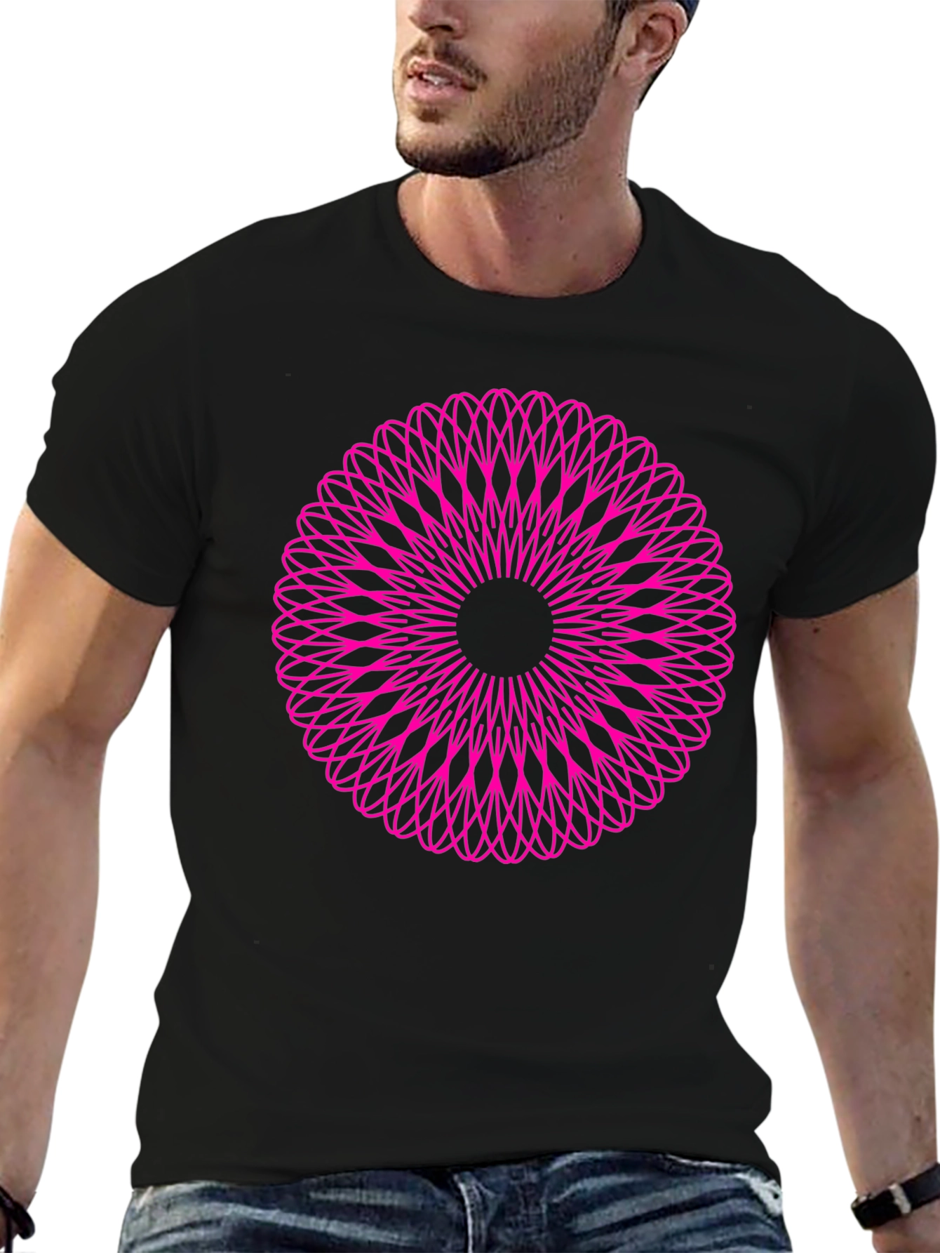 Abstract Pink Mandala Graphic Black T-Shirt