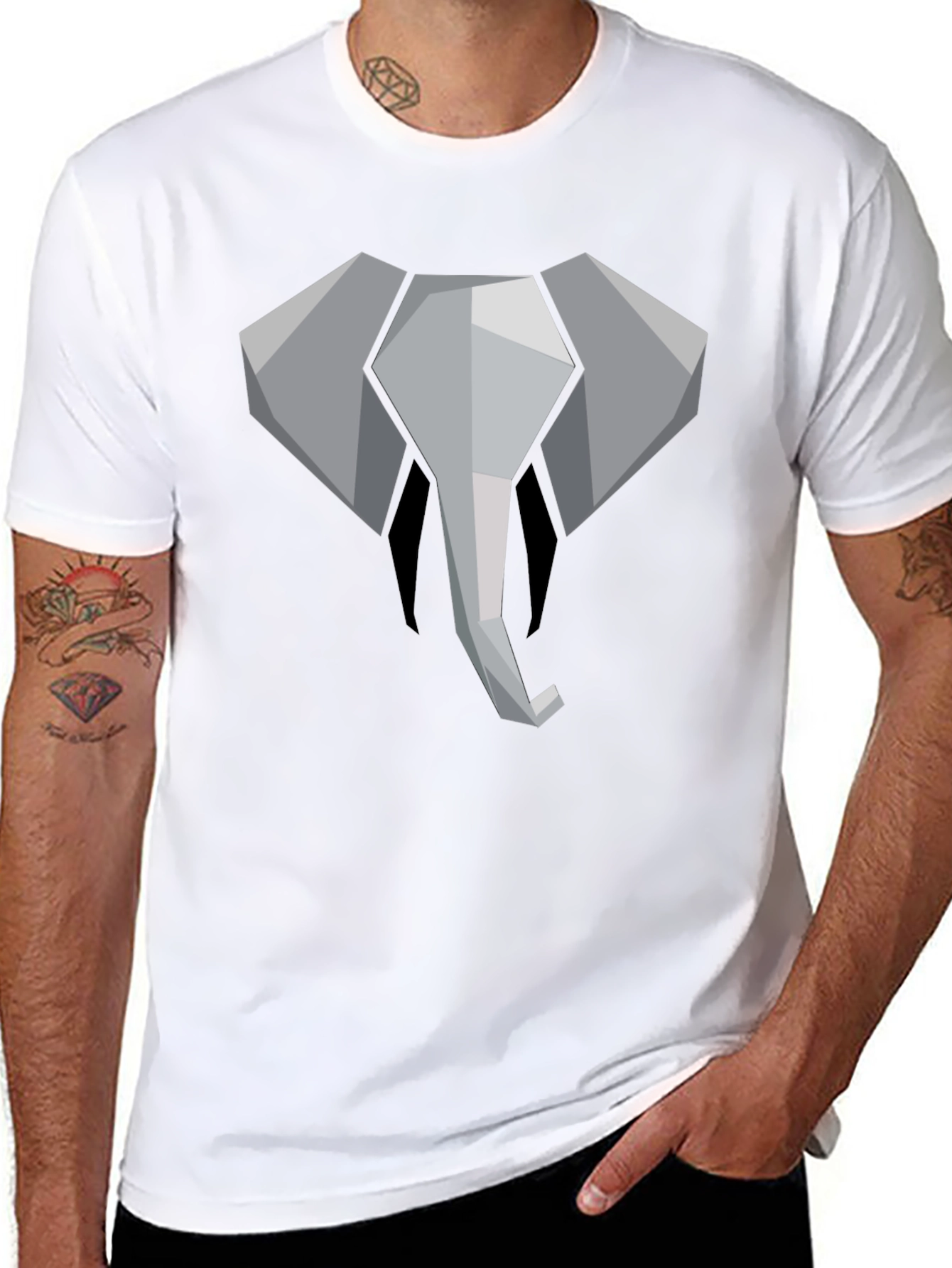 Geometric Elephant Graphic Tee - Black Cotton Shirt