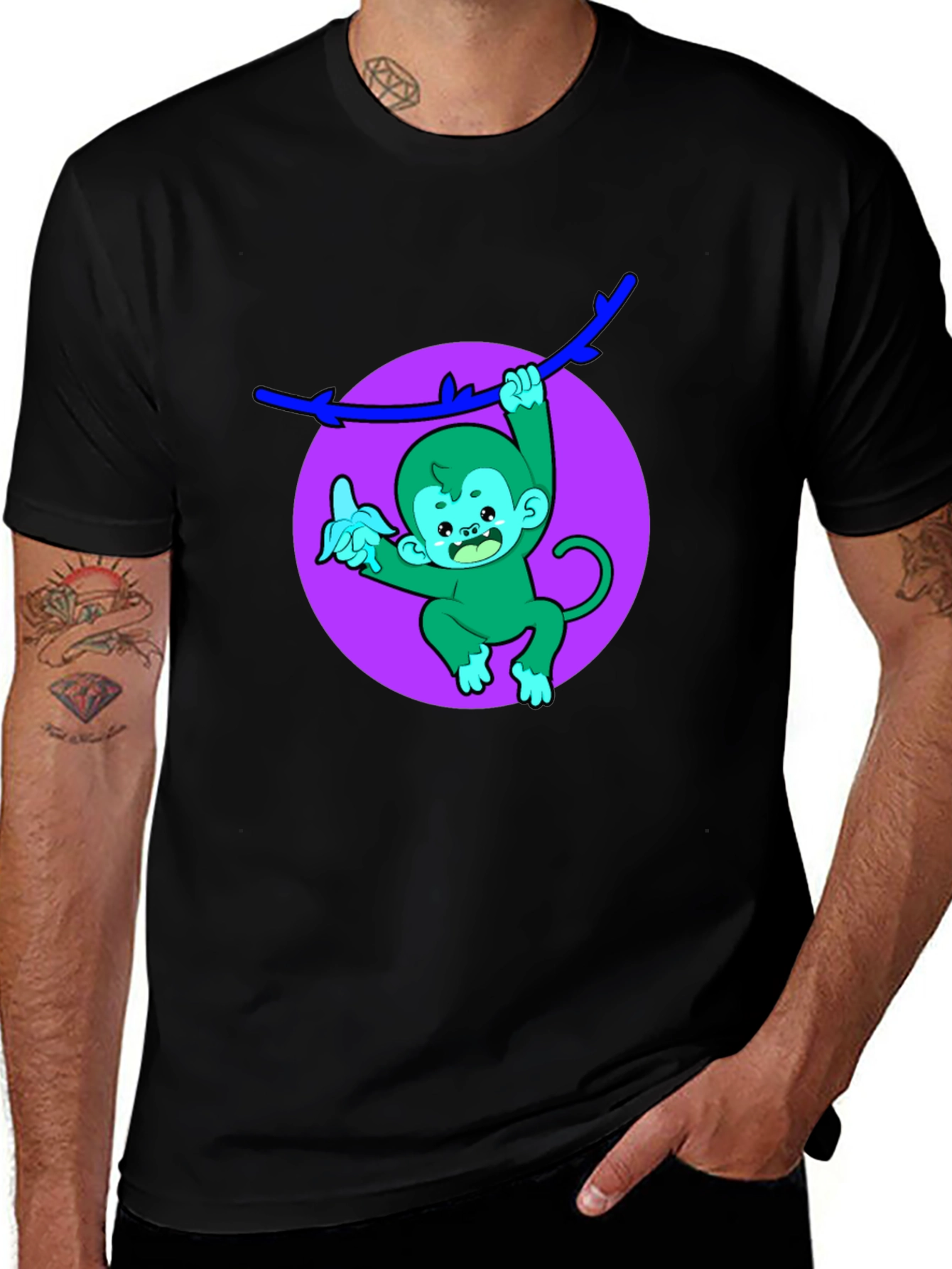 Funny Monkey on Branch Black T-Shirt