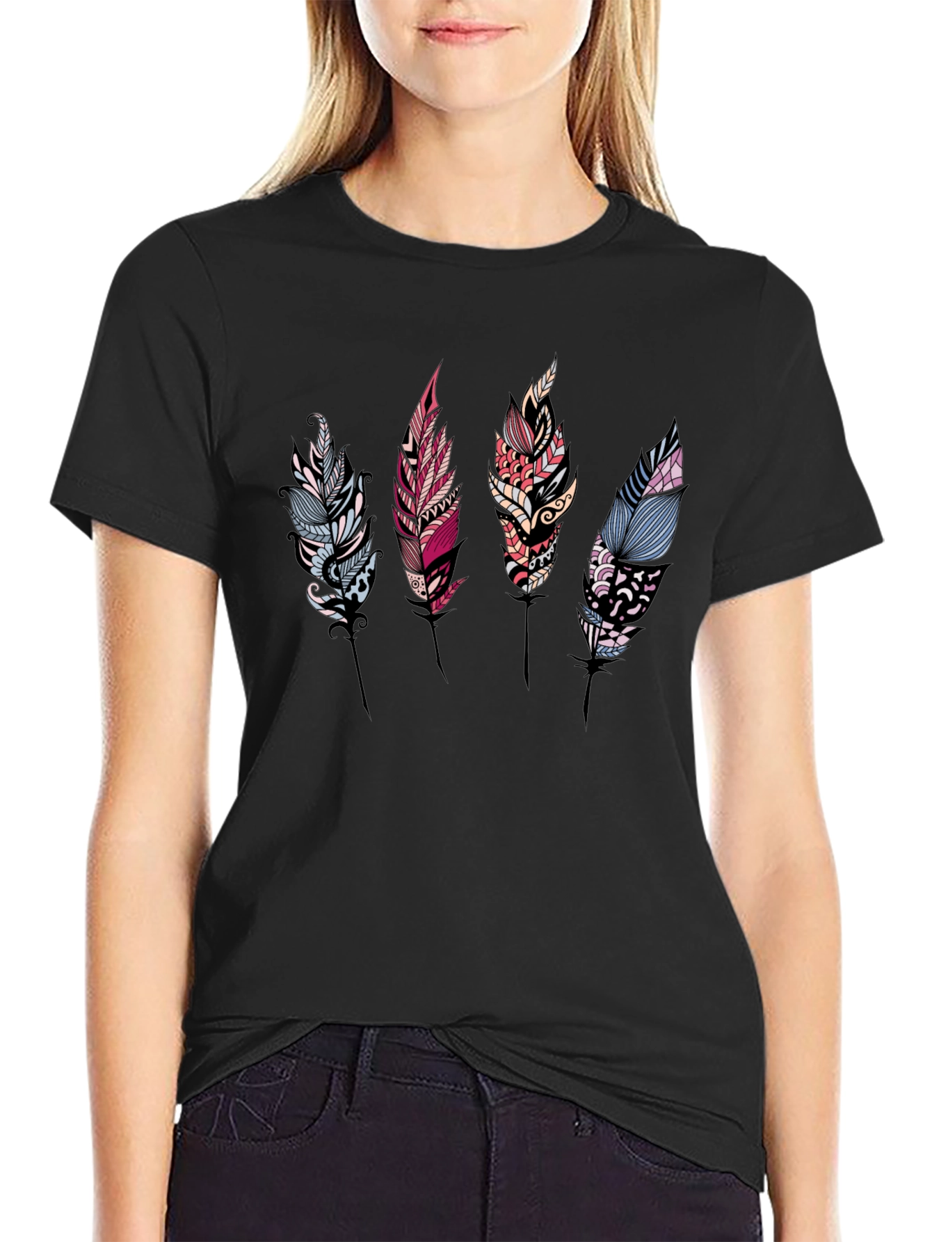 Feather Print Black T-Shirt