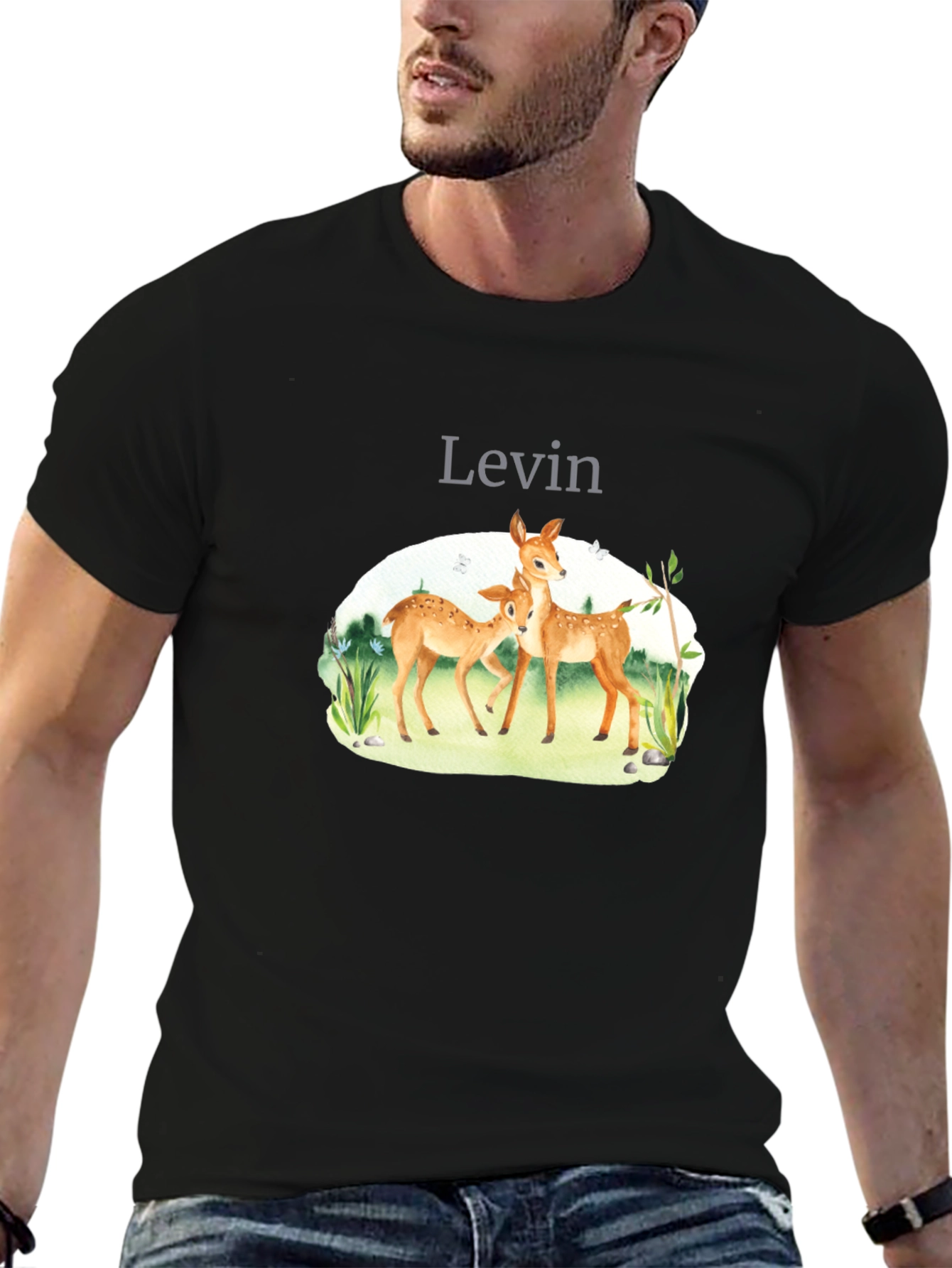 Levin Deer Graphic Tee - Black Cotton Blend Shirt