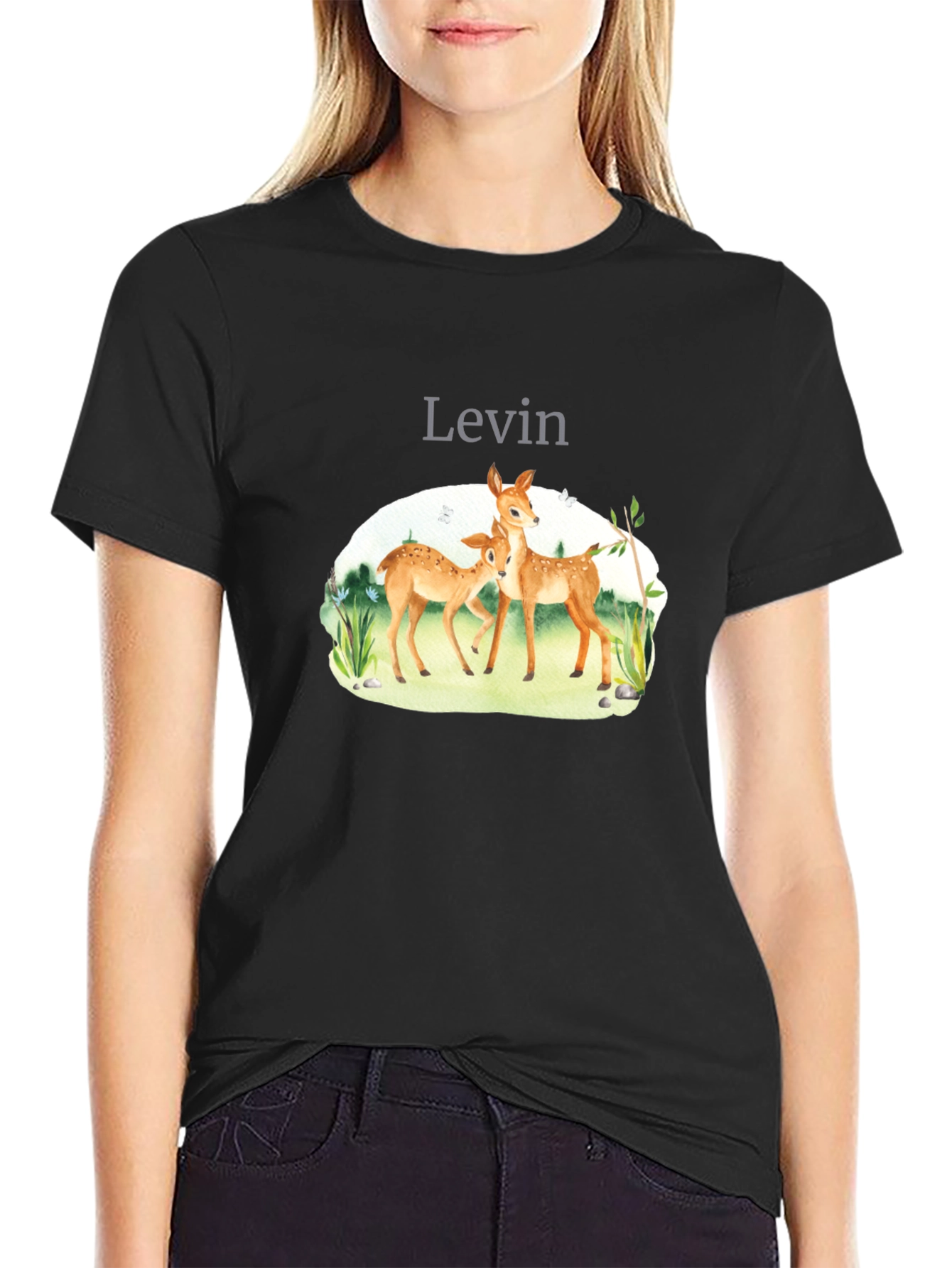 Levin Deer Graphic Tee - Black Cotton Blend Shirt