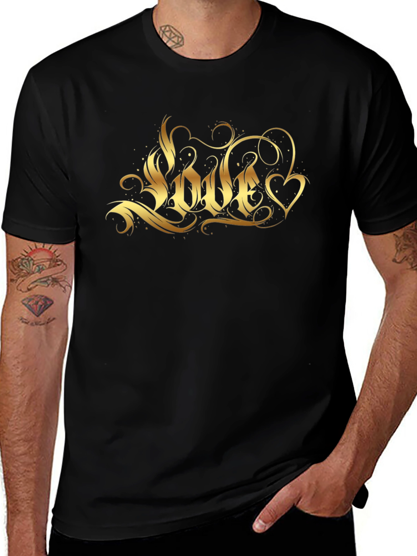 Mens Black T-Shirt with Gold Love Graphic