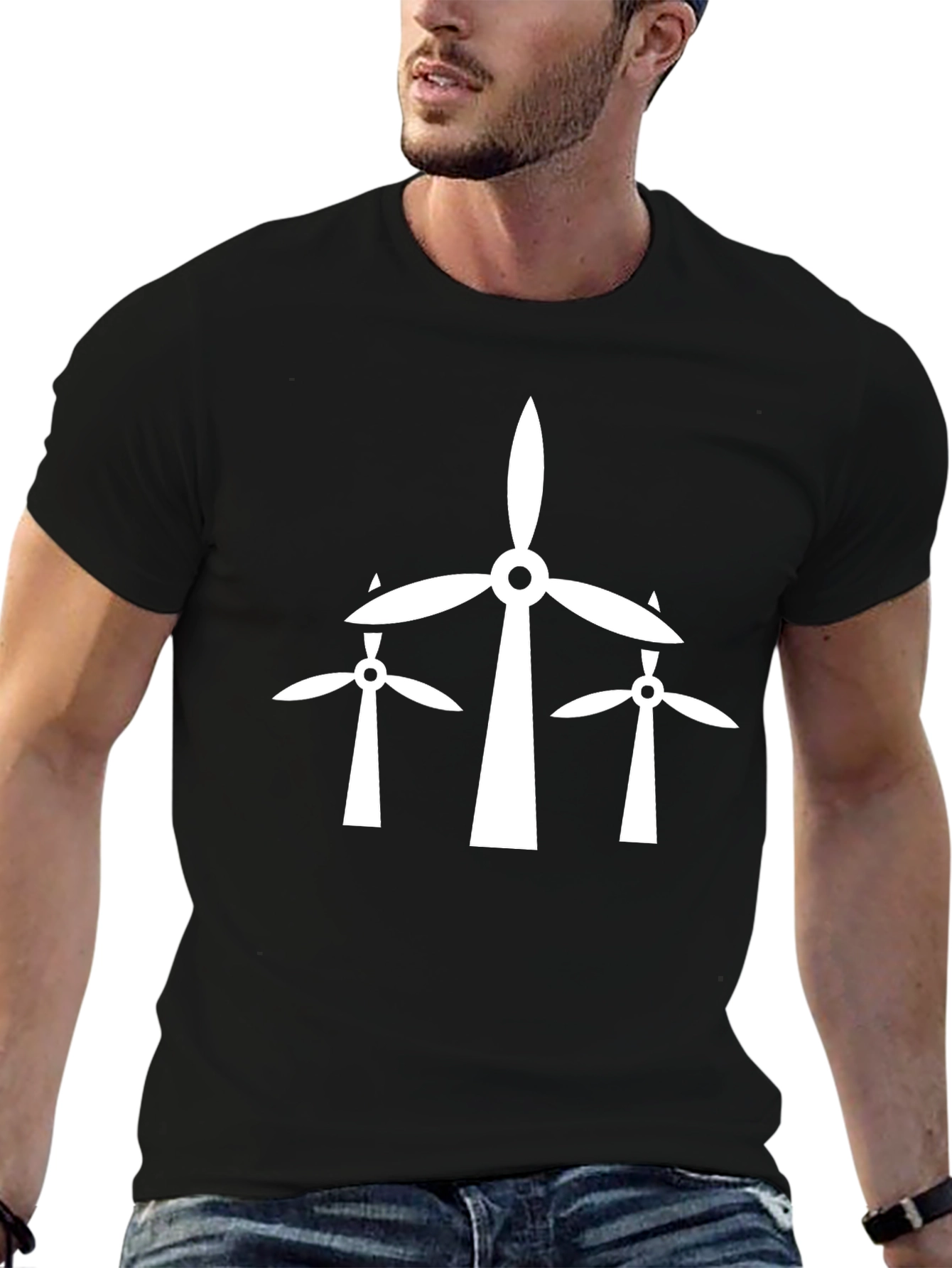 Wind Turbine Graphic Tee - Black Cotton T-Shirt