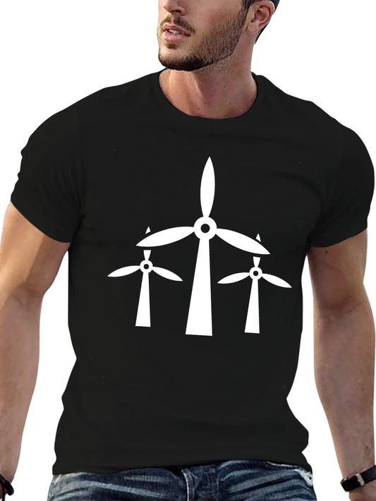 Wind Turbine Graphic Tee - Black Cotton T-Shirt