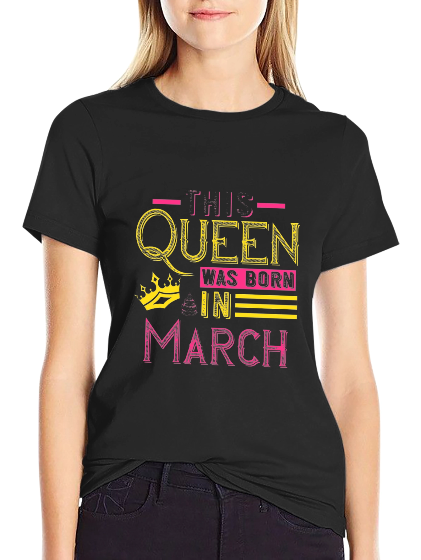 Queen Born in March Black Graphic T-Shirt