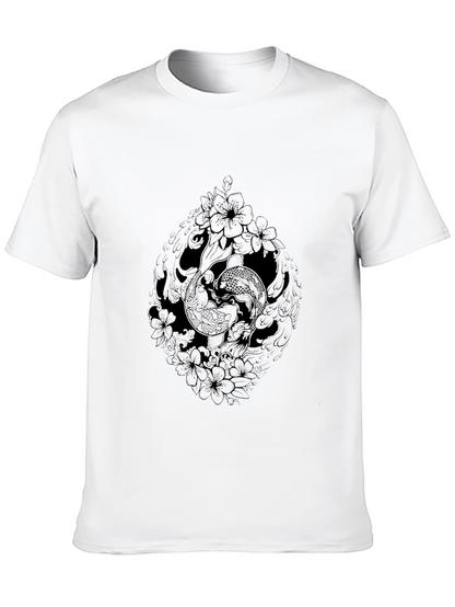 Black Koi Fish Floral Graphic Tee