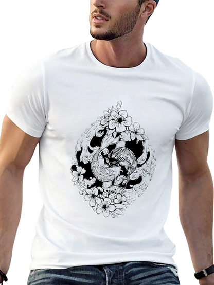 Black Koi Fish Floral Graphic Tee