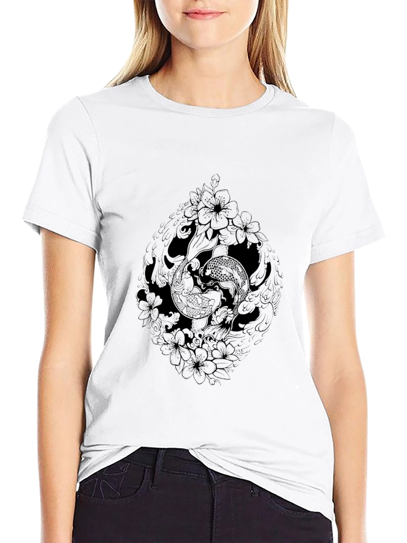Black Koi Fish Floral Graphic Tee