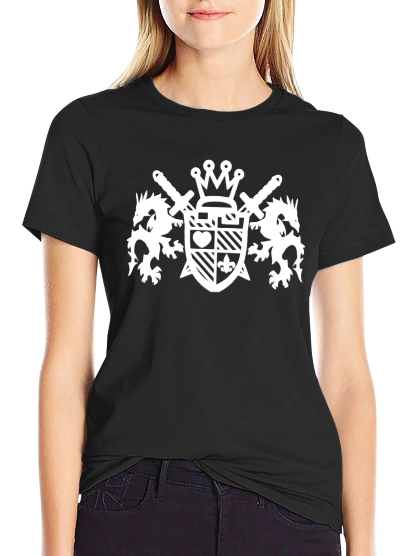 Black T-Shirt with White Crest Graphic
