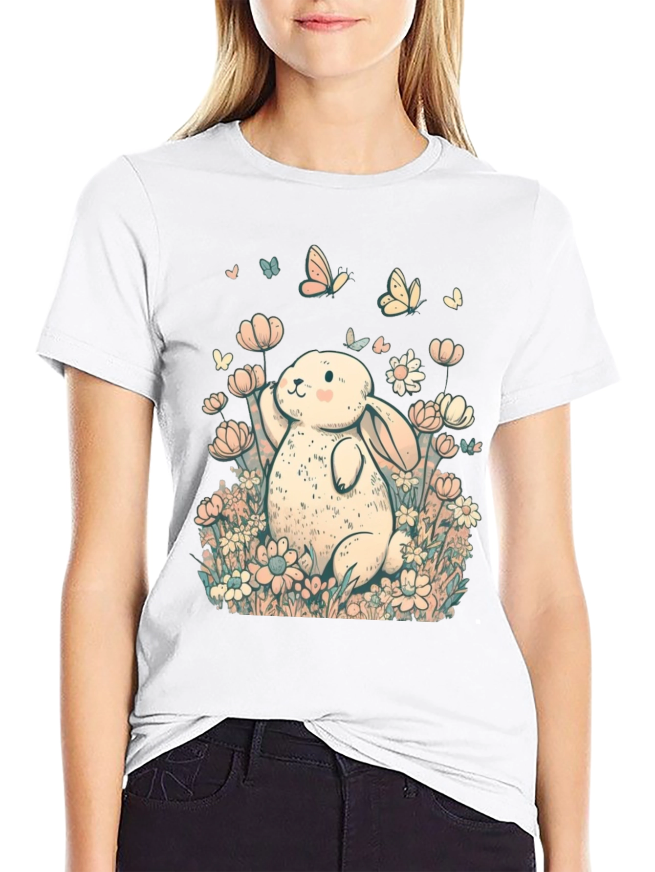 Cute Bunny Floral Graphic T-Shirt