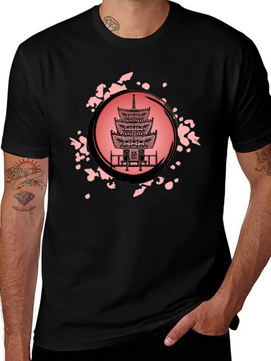 Pagoda Print Black T-Shirt for Men
