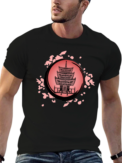 Pagoda Print Black T-Shirt for Men